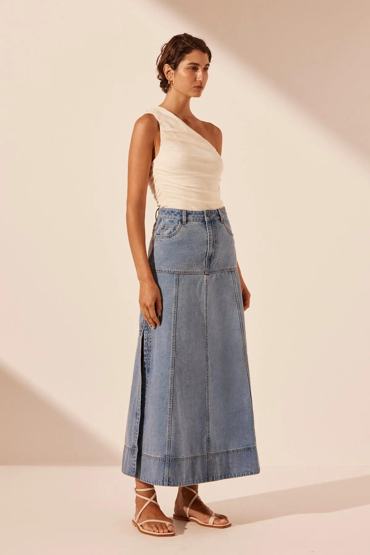 STELLA PANELLED MIDI SKIRT - MID BLUE