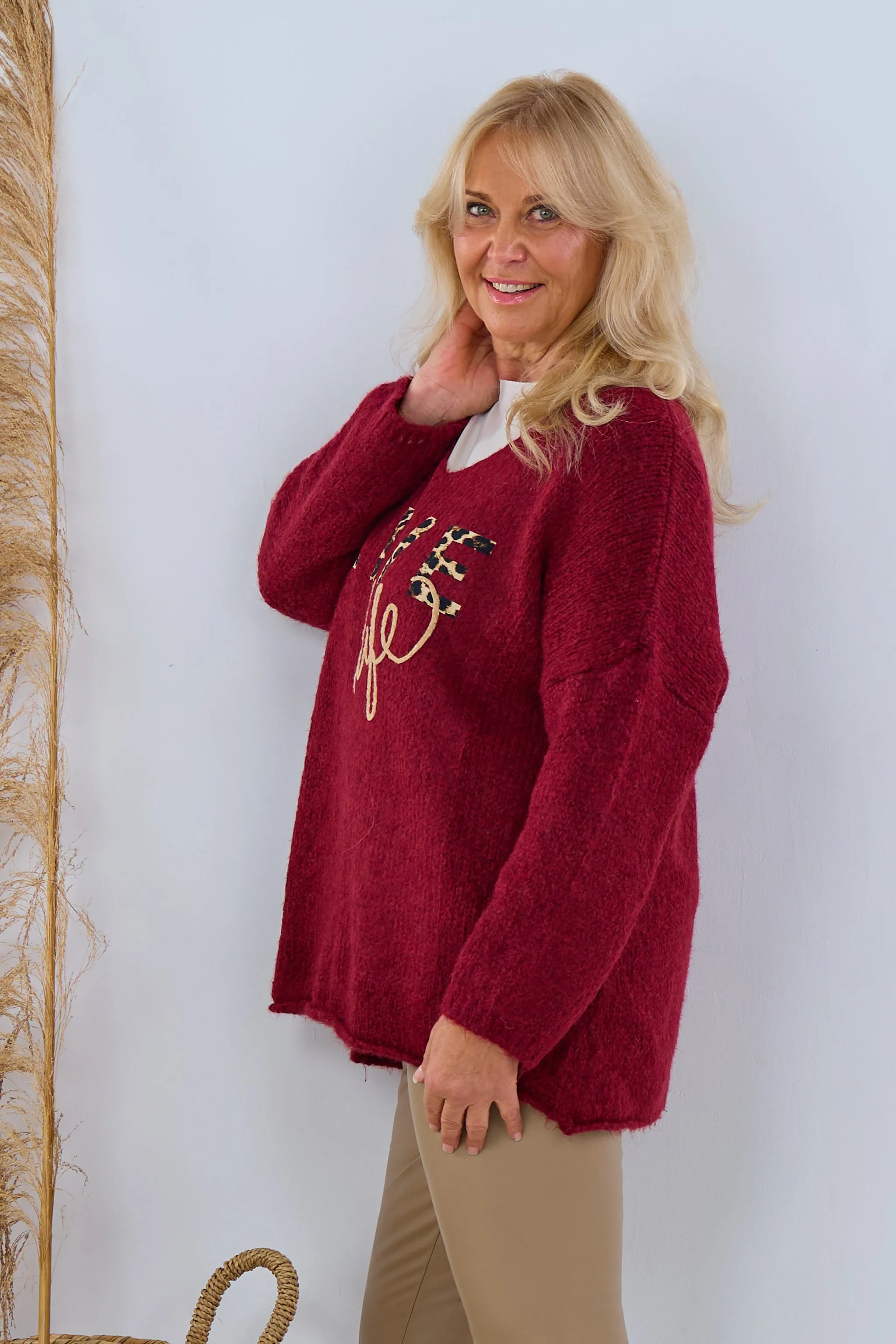 Strickpullover "LIVE life", bordeaux
