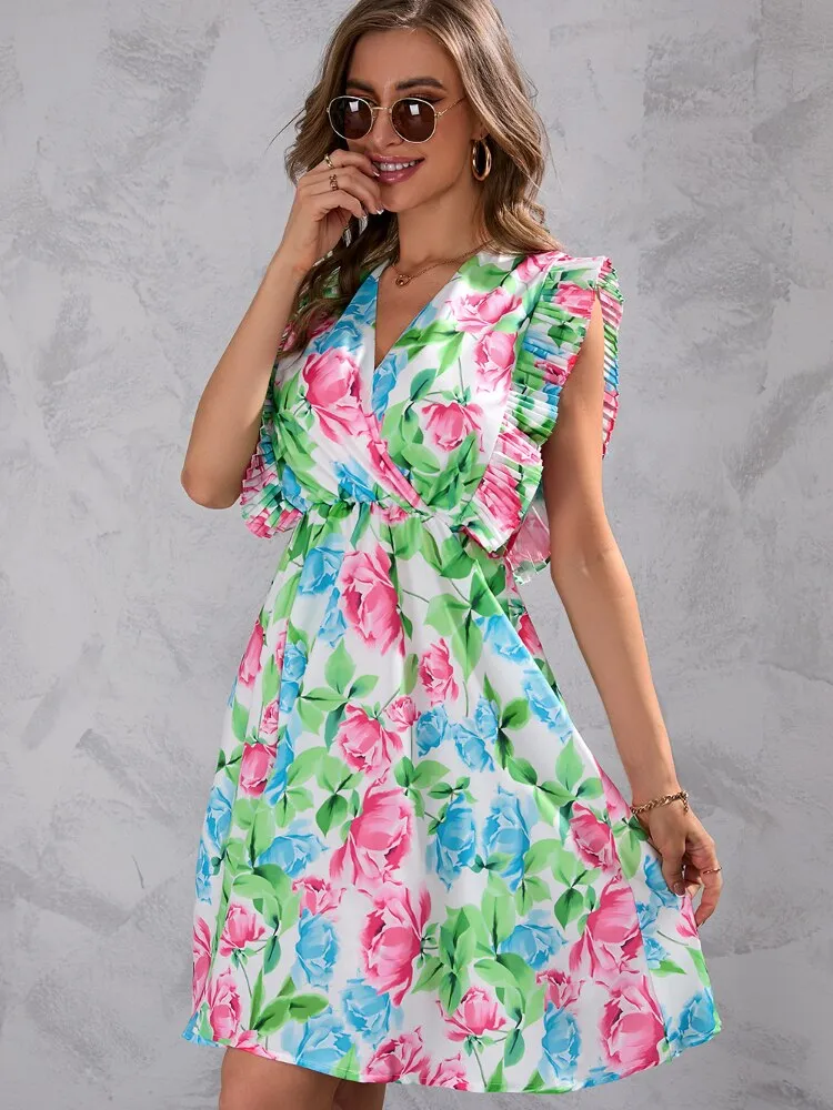 Summer Dress Woman 2023 Trendy New Printed V-neck Sexy Dress Waistband Ruffled Edge Luxury Evening Dresses 2023 Woman Clothing