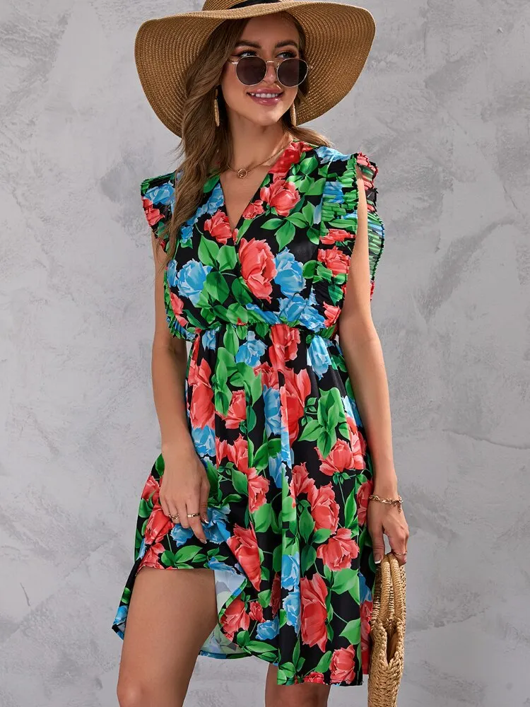 Summer Dress Woman 2023 Trendy New Printed V-neck Sexy Dress Waistband Ruffled Edge Luxury Evening Dresses 2023 Woman Clothing