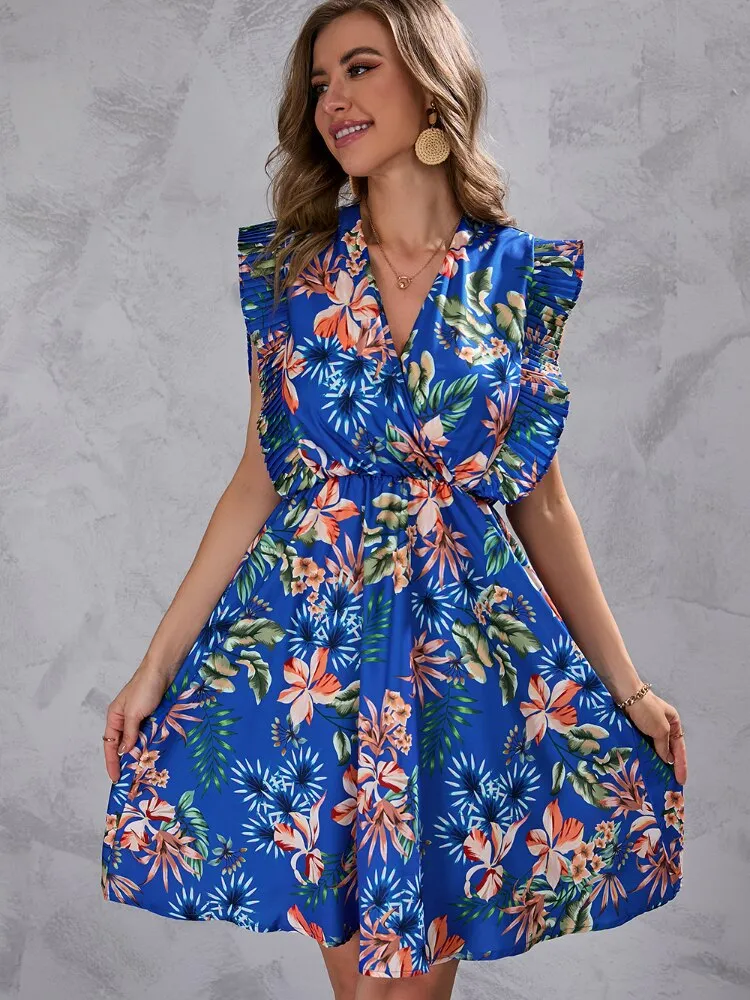 Summer Dress Woman 2023 Trendy New Printed V-neck Sexy Dress Waistband Ruffled Edge Luxury Evening Dresses 2023 Woman Clothing