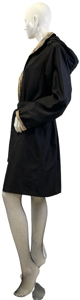 Trench Coat Black Removable Hood Plaid Trim SKU 000409-8