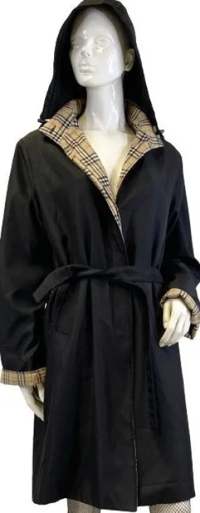 Trench Coat Black Removable Hood Plaid Trim SKU 000409-8