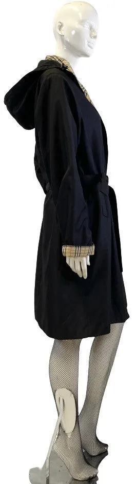 Trench Coat Black Removable Hood Plaid Trim SKU 000409-8