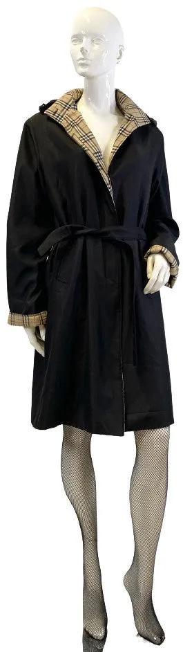 Trench Coat Black Removable Hood Plaid Trim SKU 000409-8