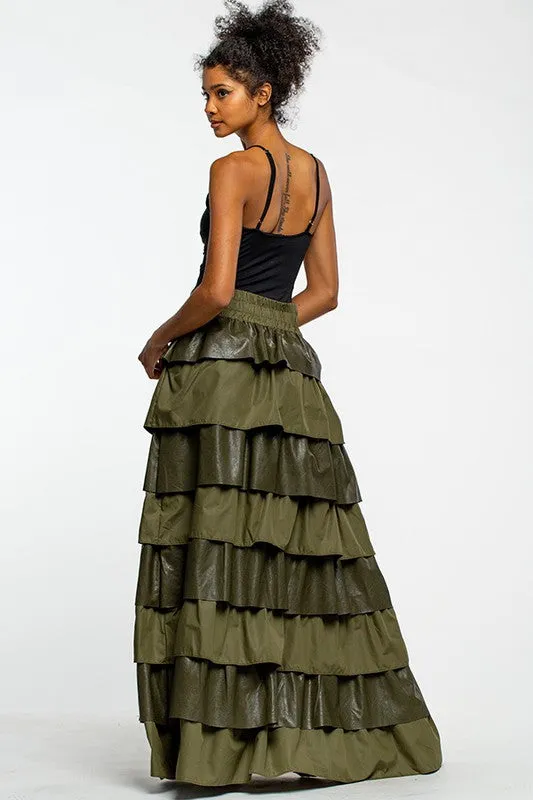 Vegan Leather Frill Ruffle Maxi