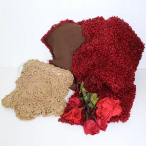Victorian Antique Craft 2 Items - Red Curly Fabric & Unfinished Crochet Purse DIY