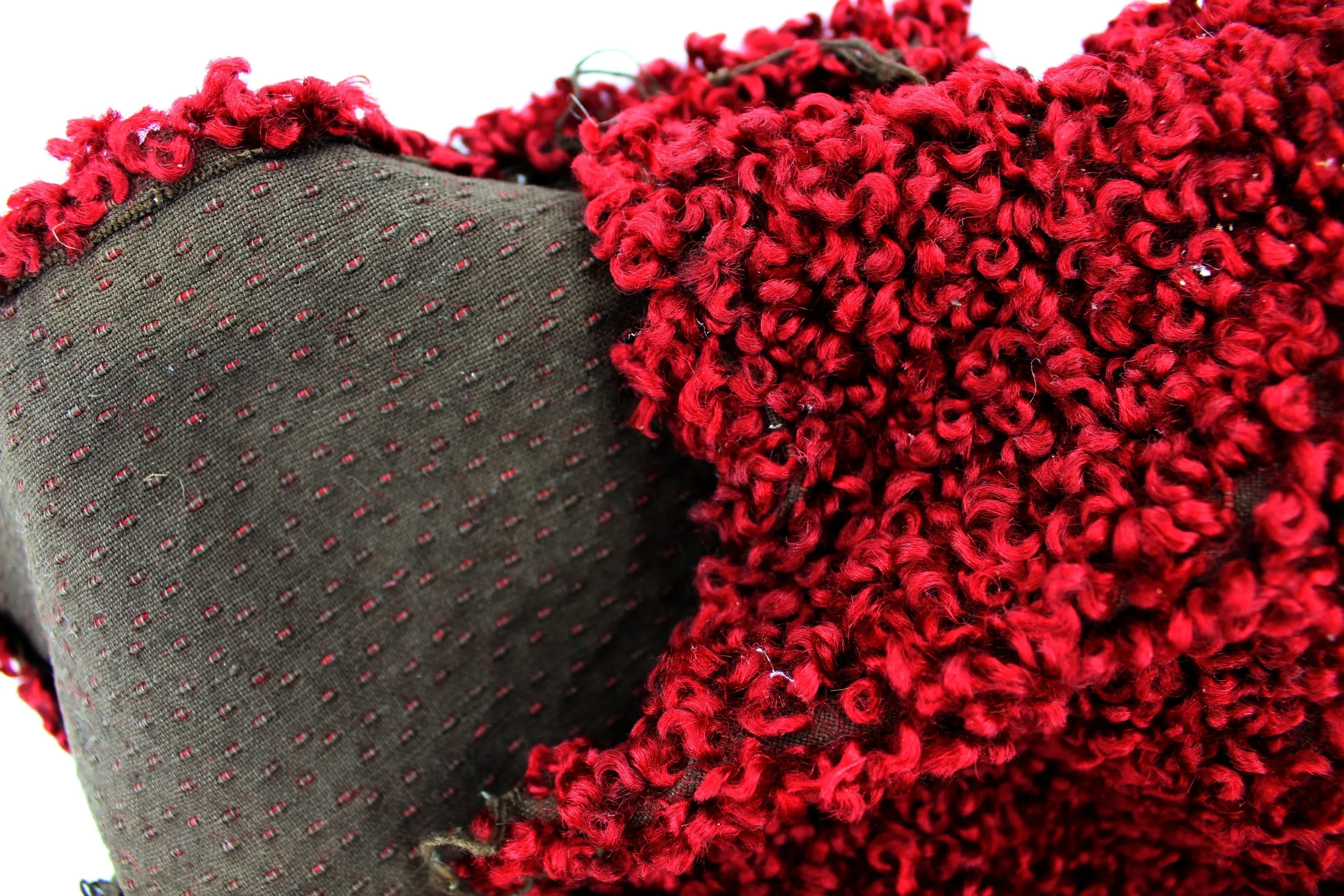 Victorian Antique Craft 2 Items - Red Curly Fabric & Unfinished Crochet Purse DIY