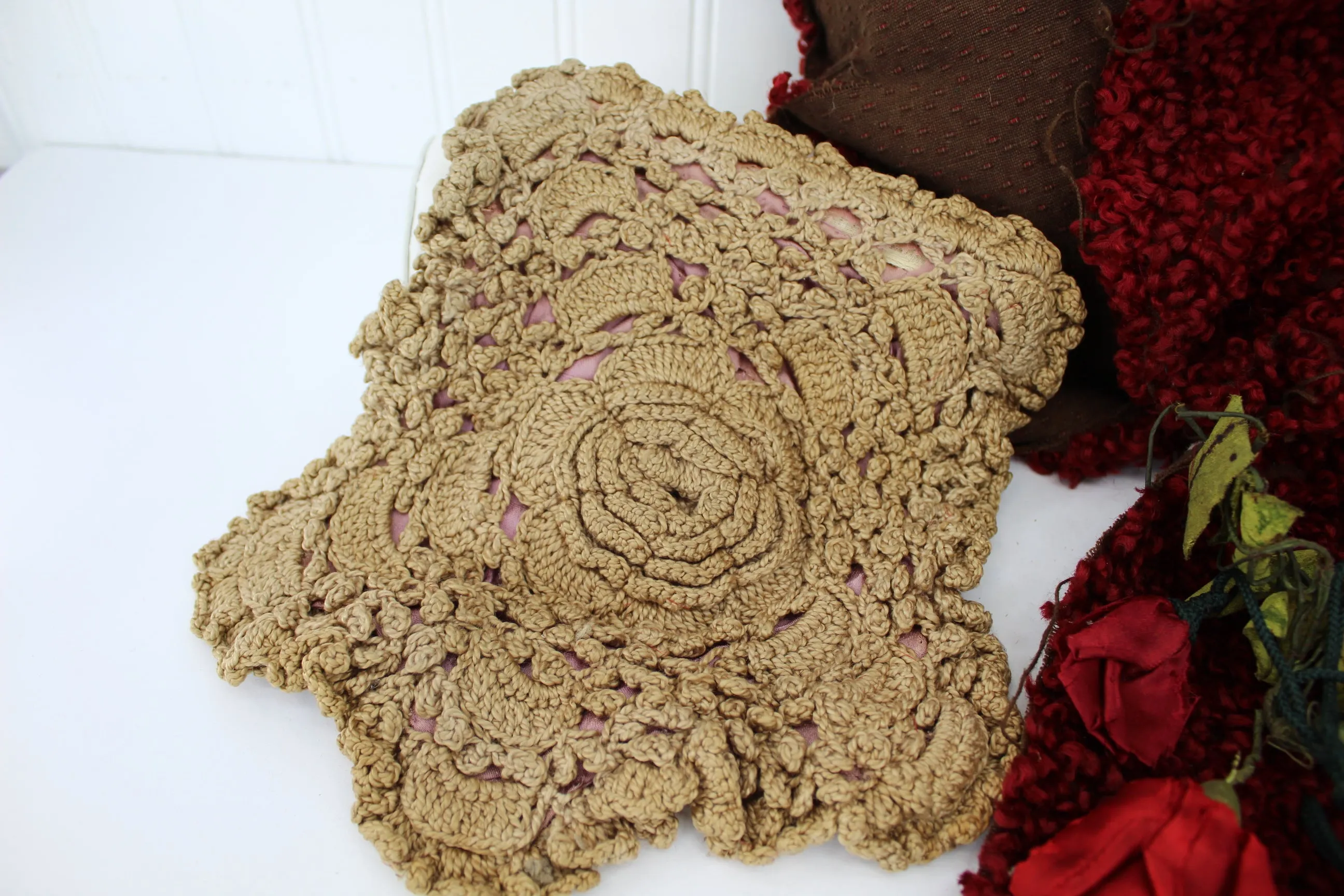 Victorian Antique Craft 2 Items - Red Curly Fabric & Unfinished Crochet Purse DIY