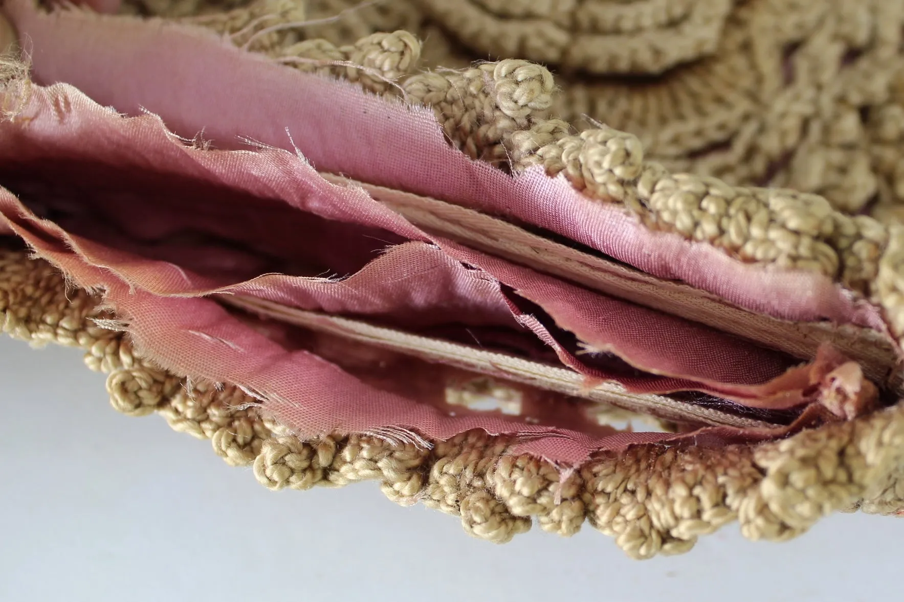 Victorian Antique Craft 2 Items - Red Curly Fabric & Unfinished Crochet Purse DIY