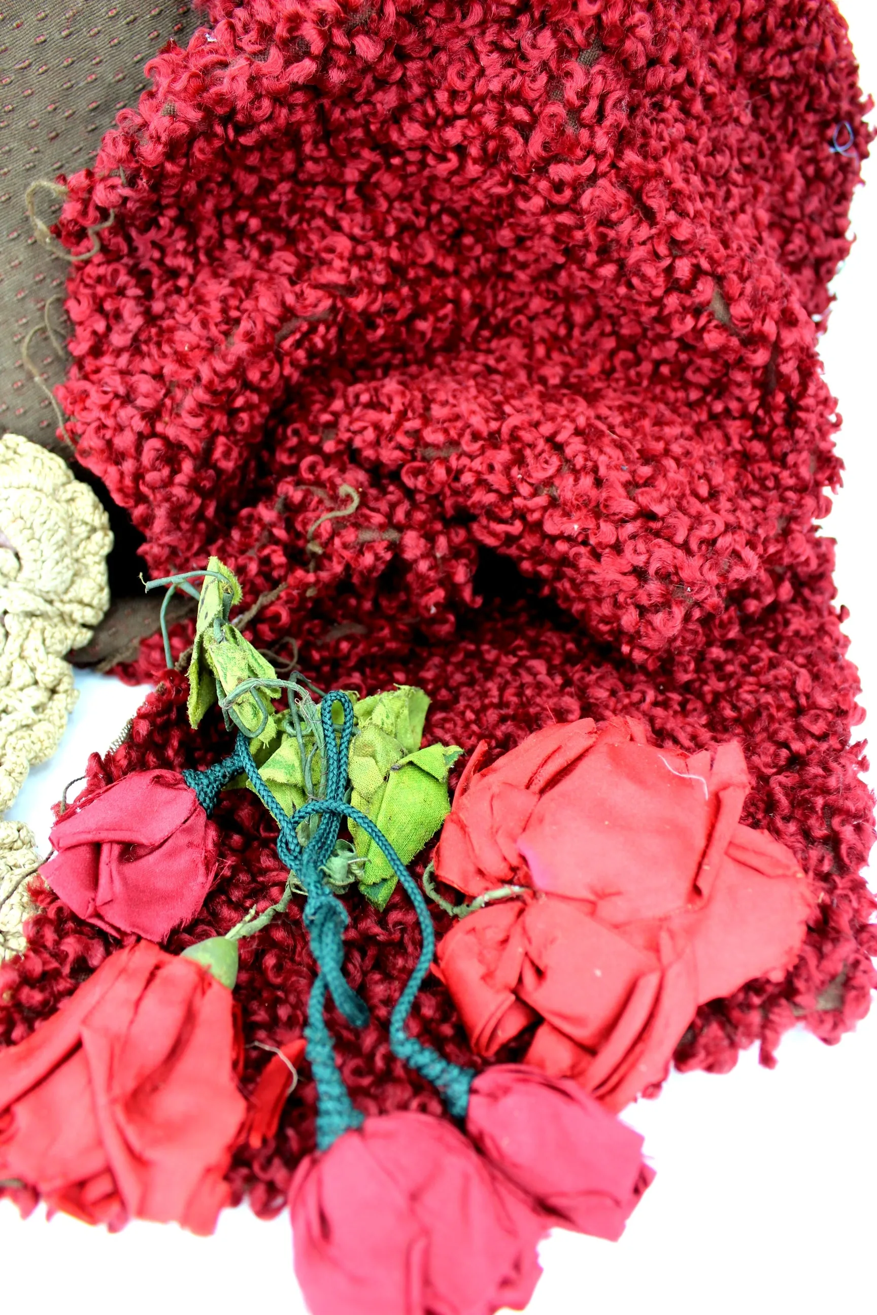 Victorian Antique Craft 2 Items - Red Curly Fabric & Unfinished Crochet Purse DIY