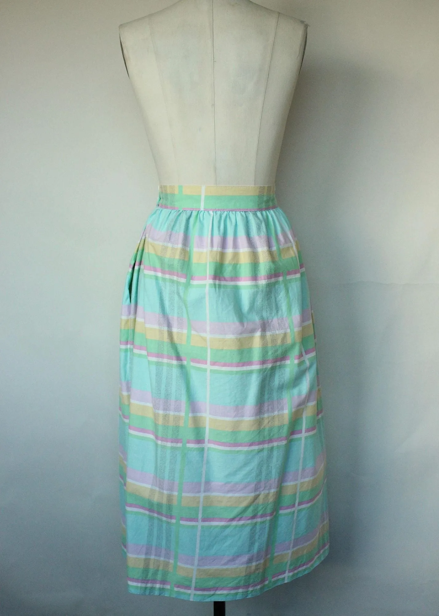 Vintage 1980s Pastel Windowpane Check Skirt With Pockets