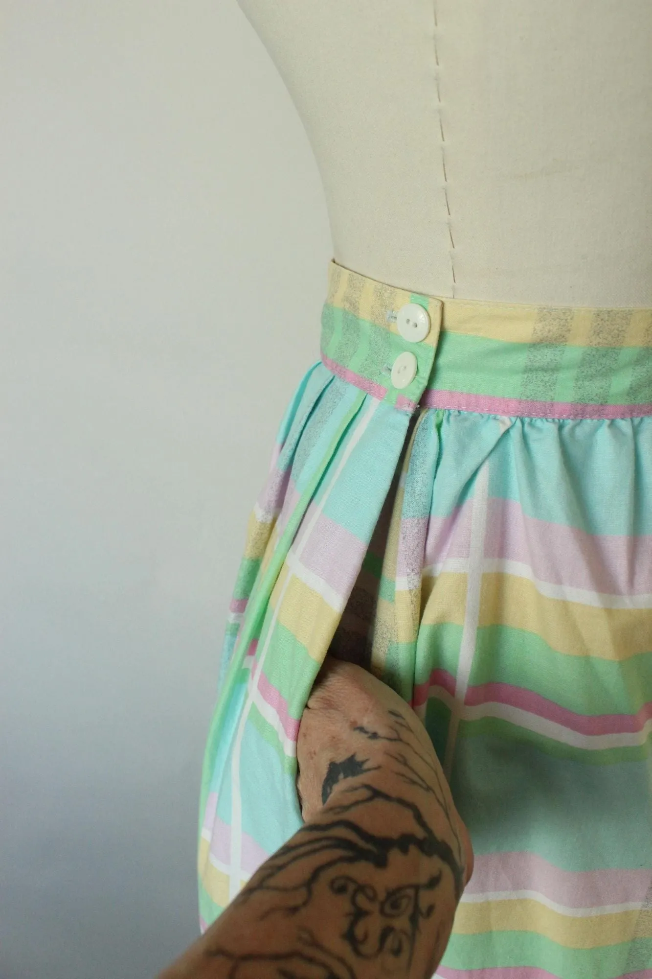 Vintage 1980s Pastel Windowpane Check Skirt With Pockets