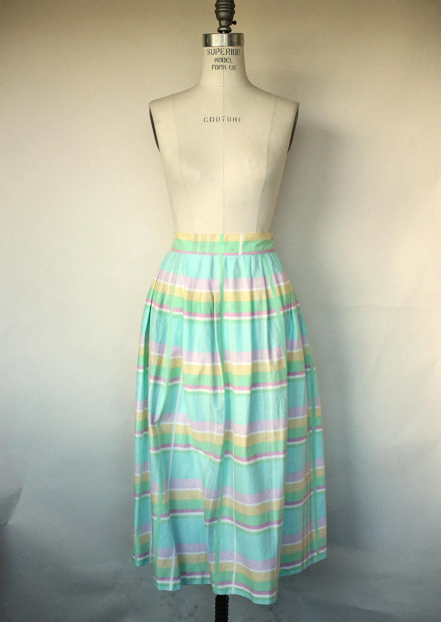 Vintage 1980s Pastel Windowpane Check Skirt With Pockets