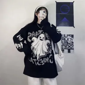 Vintage Horror Sweater - Oversized Cartoon Halloween Print Pullover