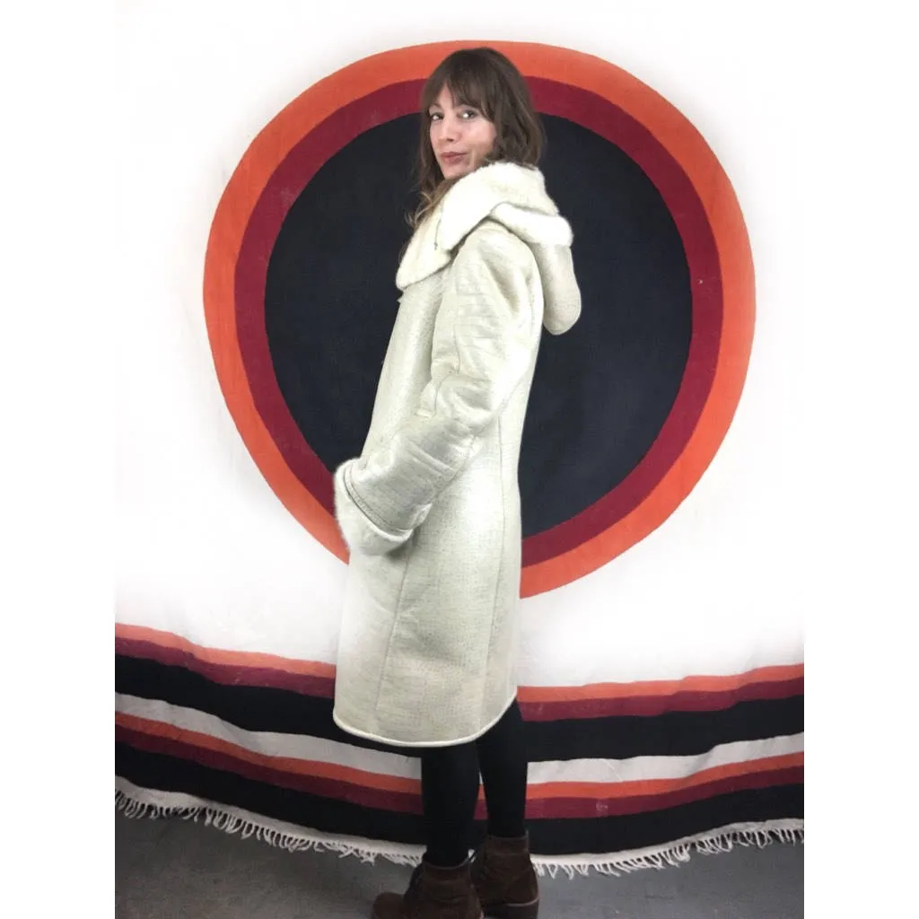 vintage leather and faux fur coat jacket // giant fur collar and removable hood // size large