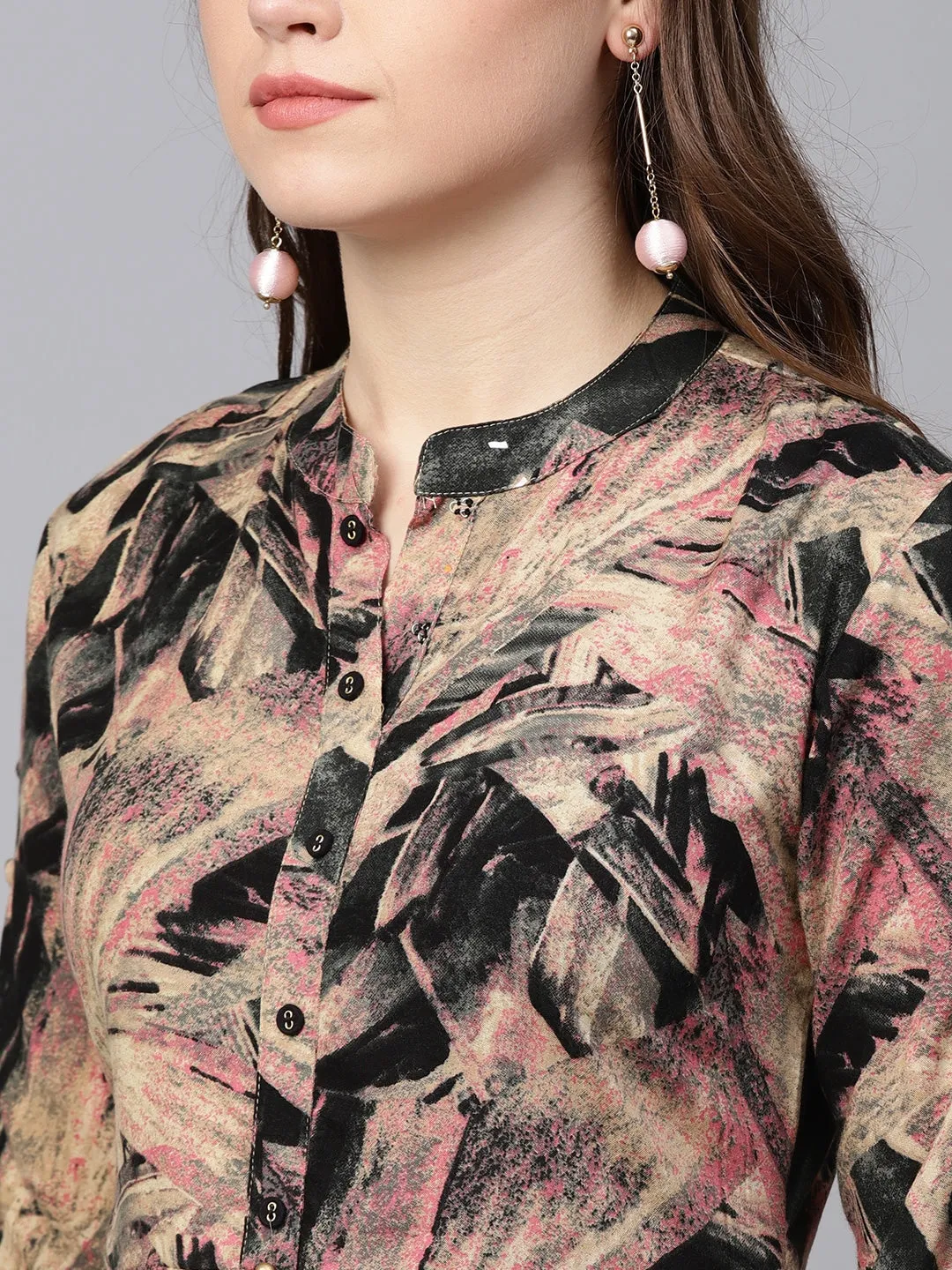 Women Beige & Black A-Line Kurta