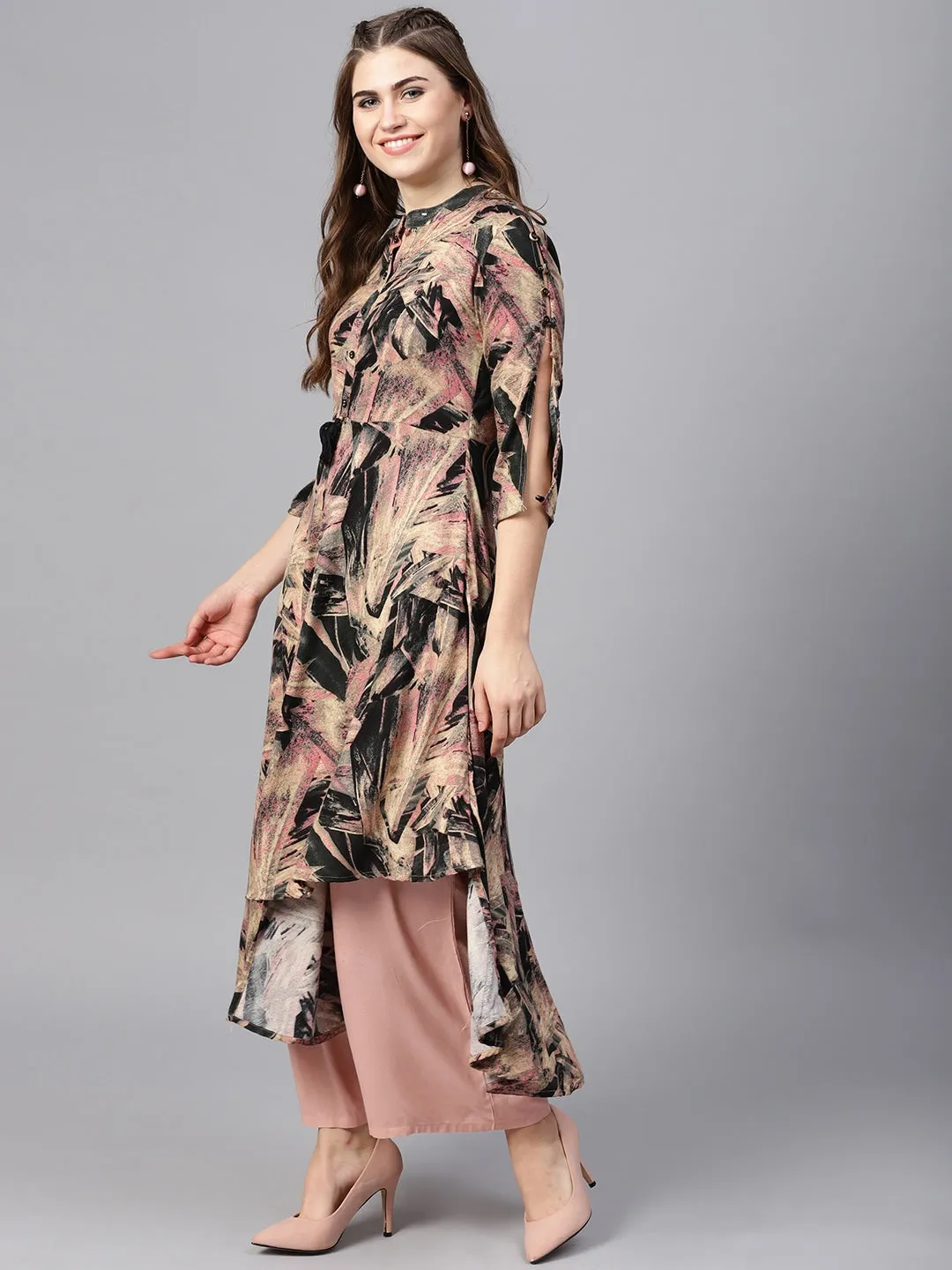 Women Beige & Black A-Line Kurta
