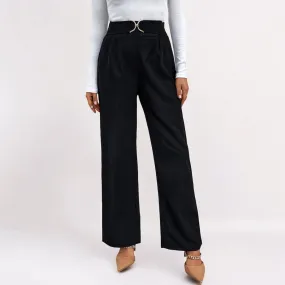 Women Black High Waist Straight Pants With Buckle