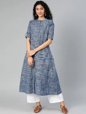 Women Blue & White A-Line Kurta