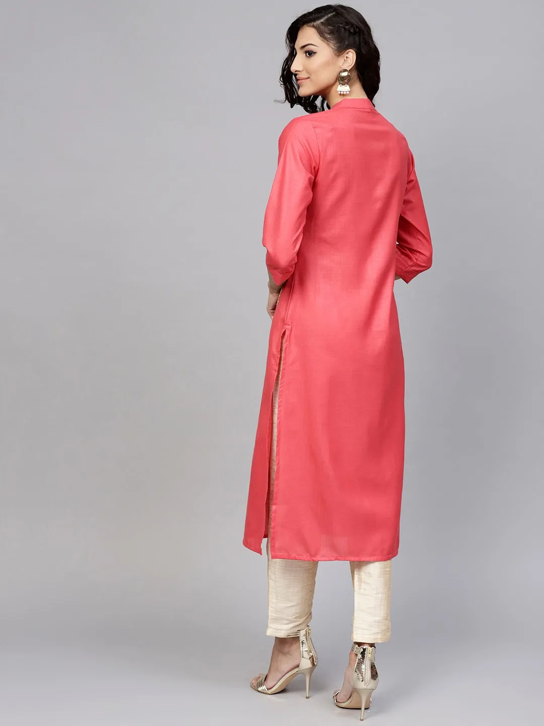 Women Coral Pink Straight Kurta