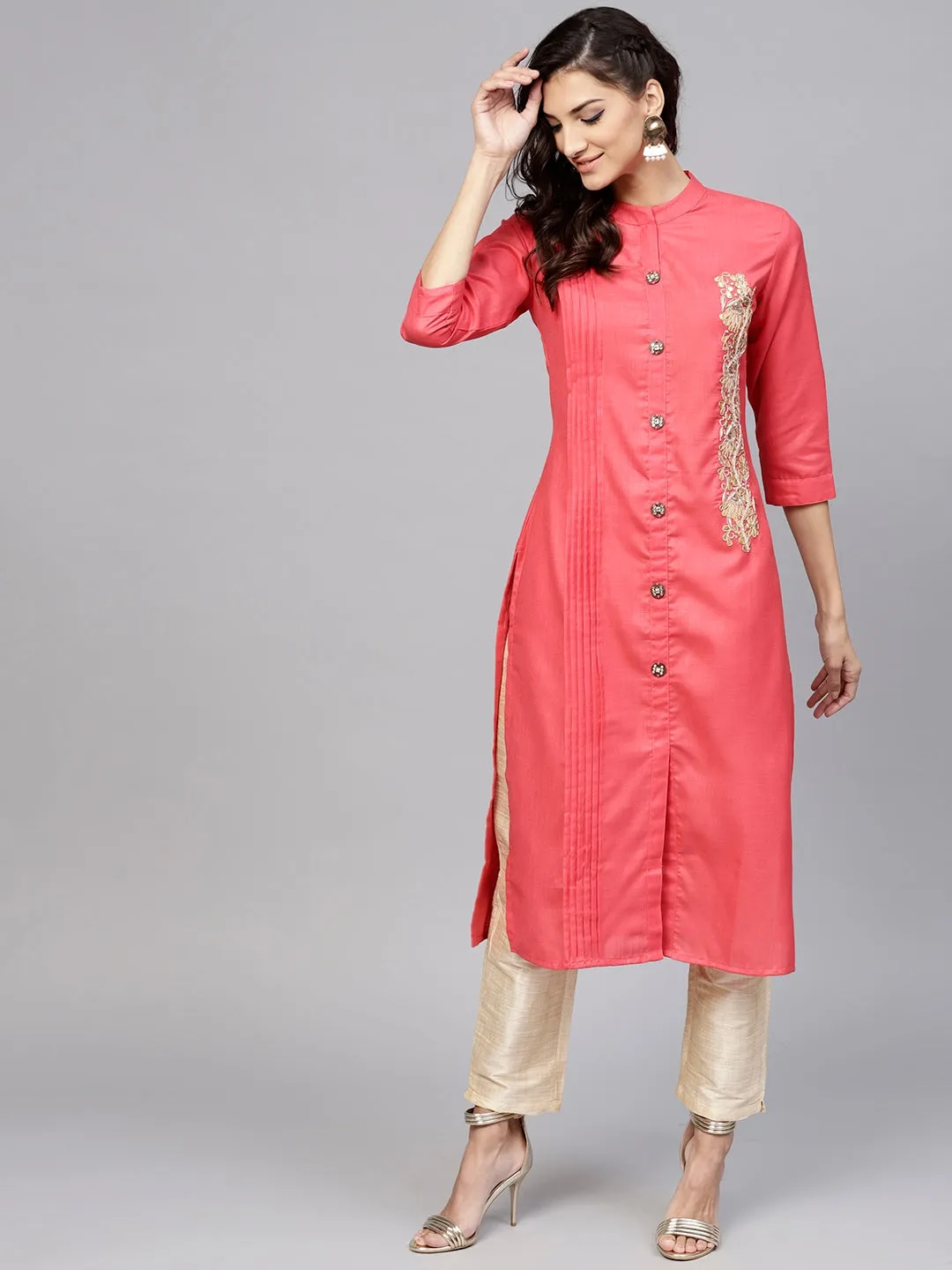 Women Coral Pink Straight Kurta
