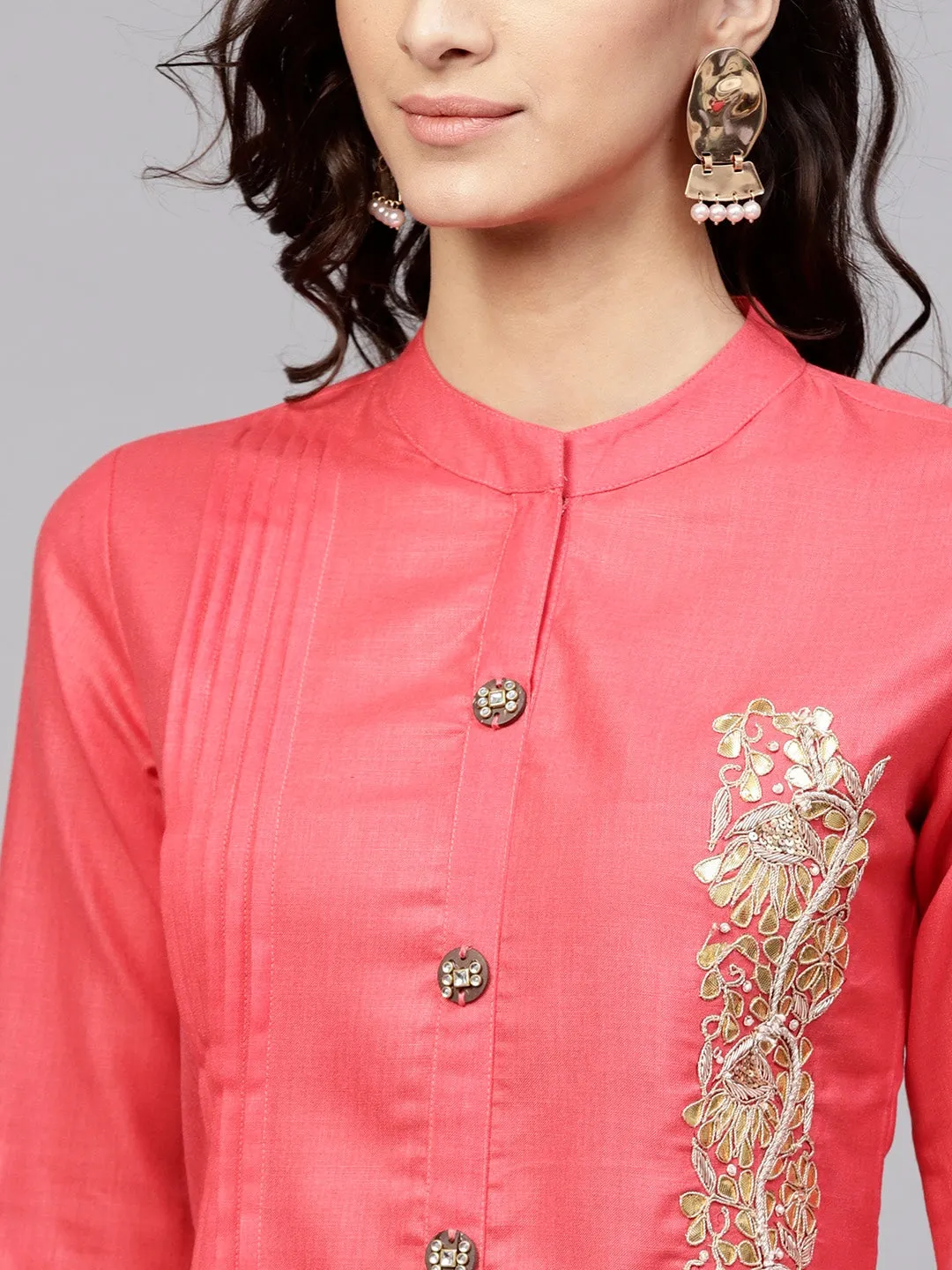 Women Coral Pink Straight Kurta