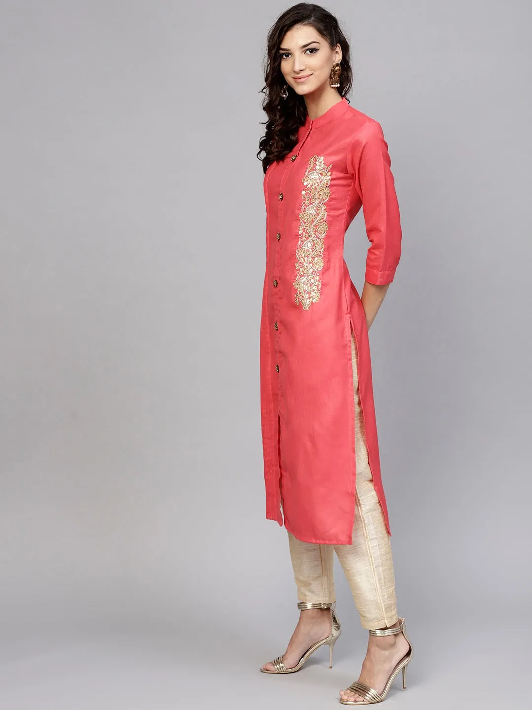 Women Coral Pink Straight Kurta