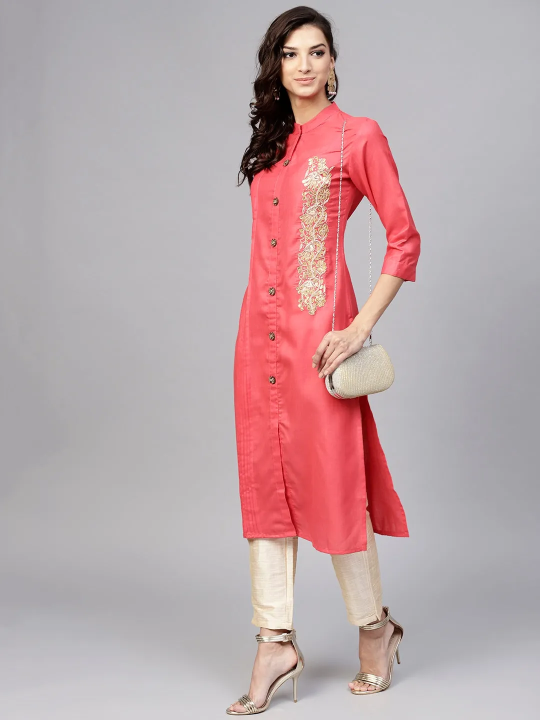 Women Coral Pink Straight Kurta