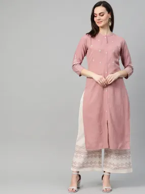 Women Dusty Pink & Off-White Embroidered Kurta Set