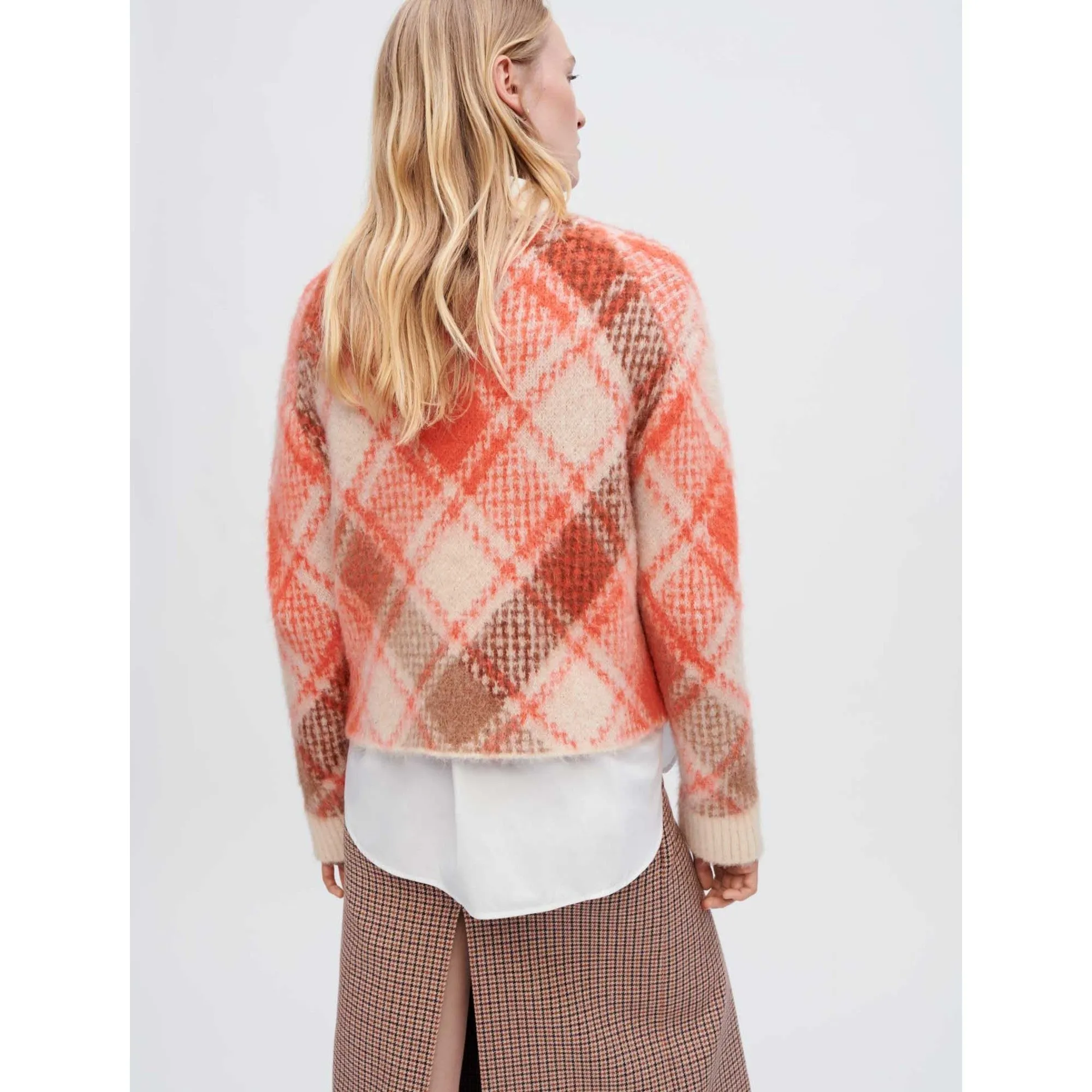 Women Fluffy Diamond Jacquard Pullover - Orange