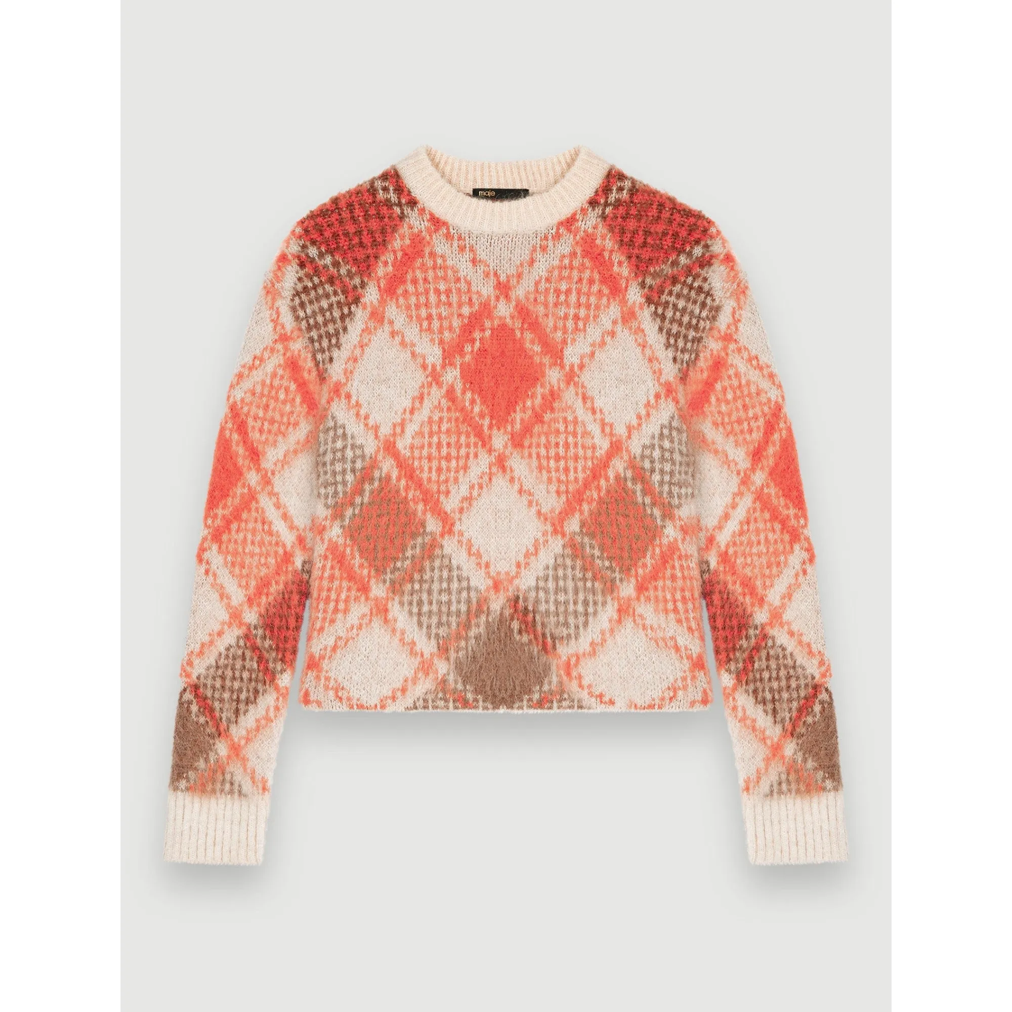 Women Fluffy Diamond Jacquard Pullover - Orange