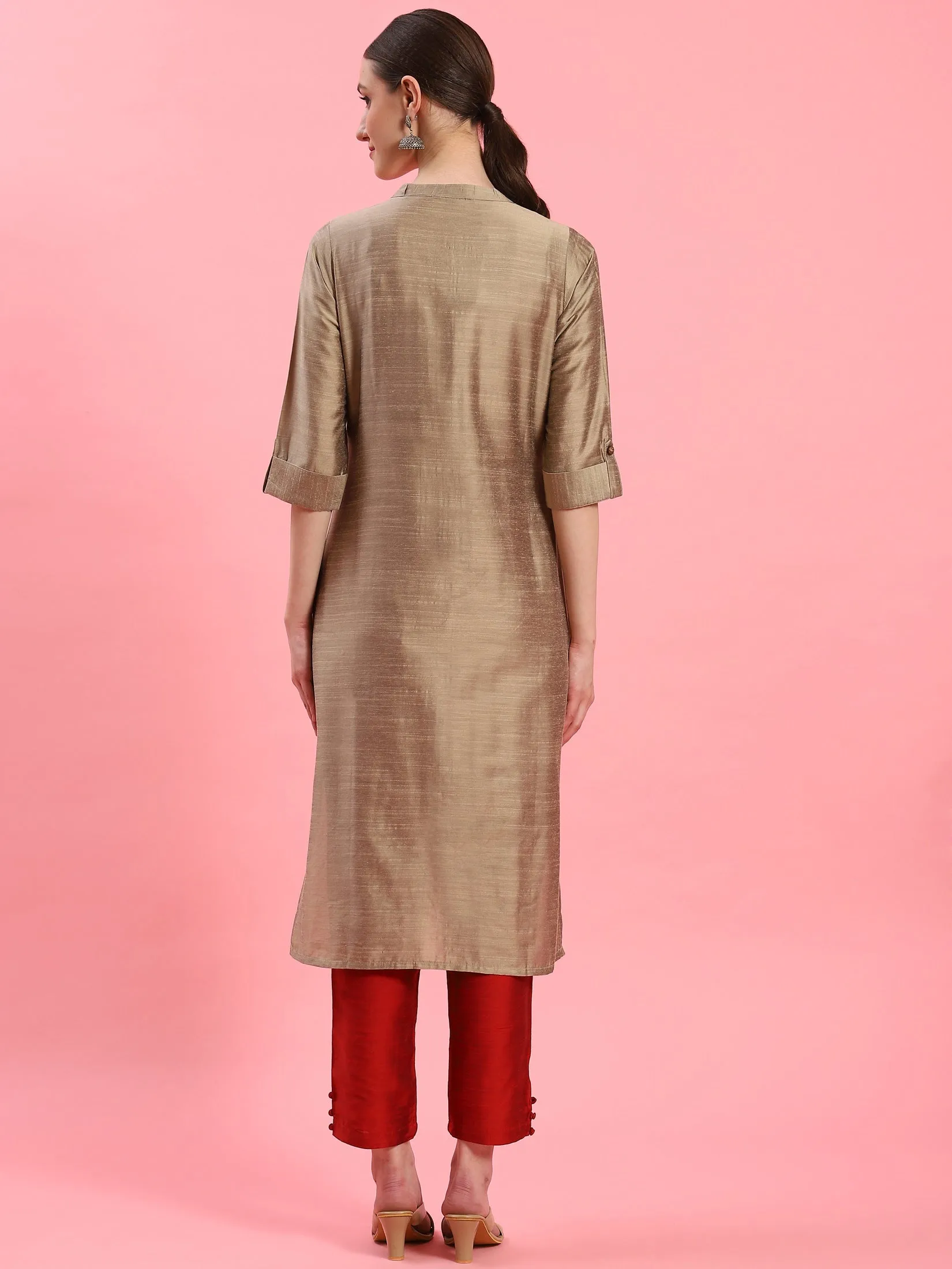 Women Gold Mandarin Collar Kurta