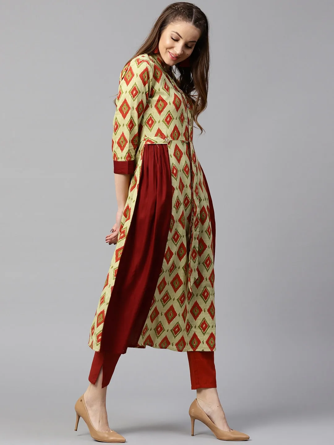 Women Maroon & Green A-Line Kurta