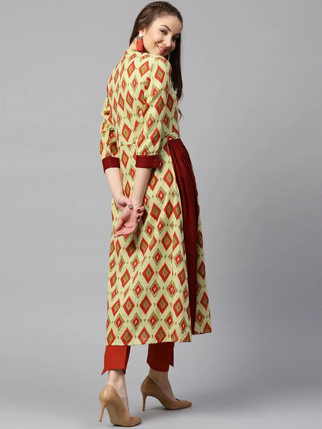 Women Maroon & Green A-Line Kurta