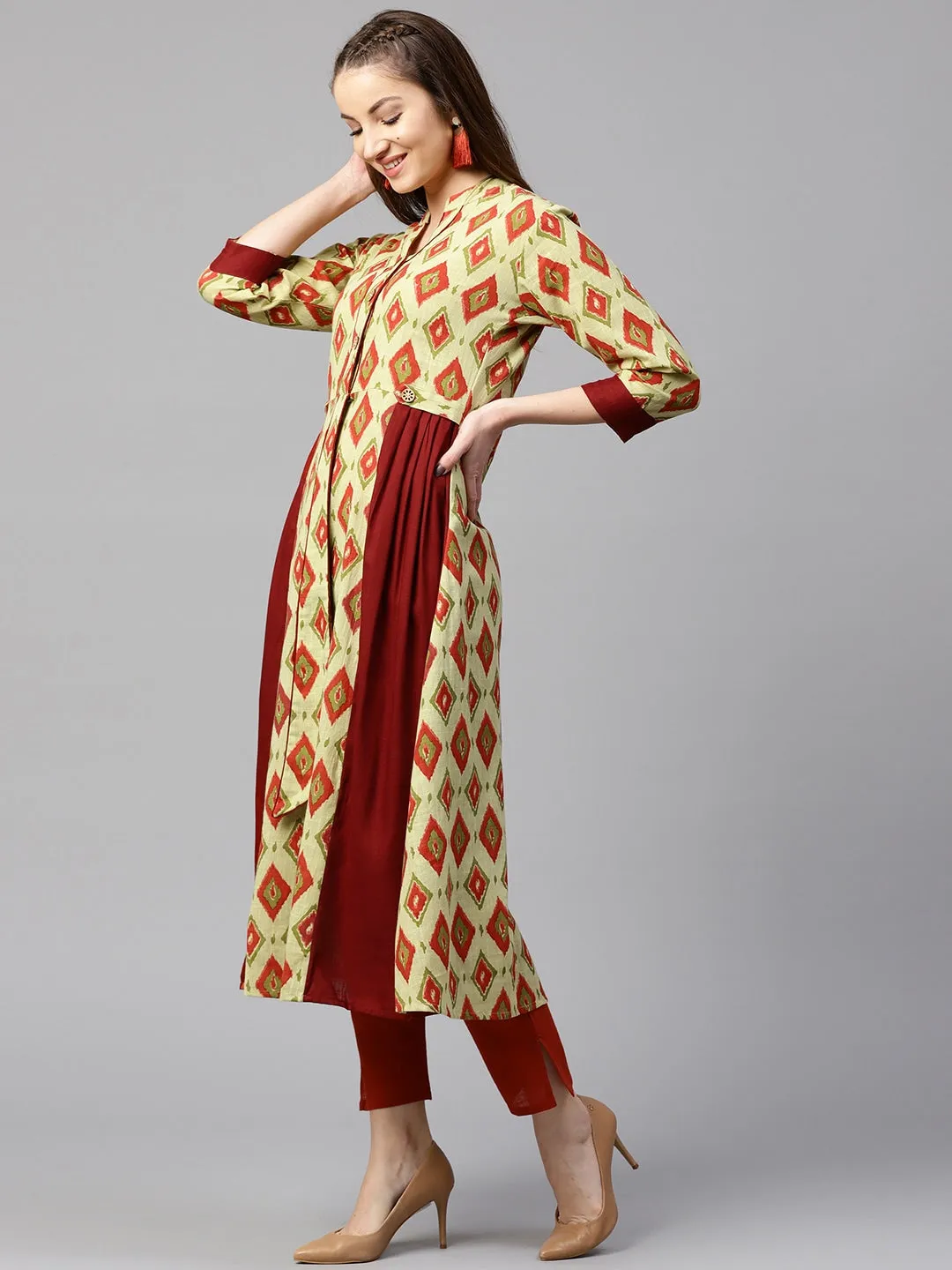 Women Maroon & Green A-Line Kurta