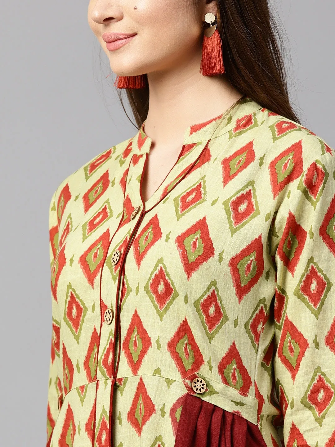Women Maroon & Green A-Line Kurta