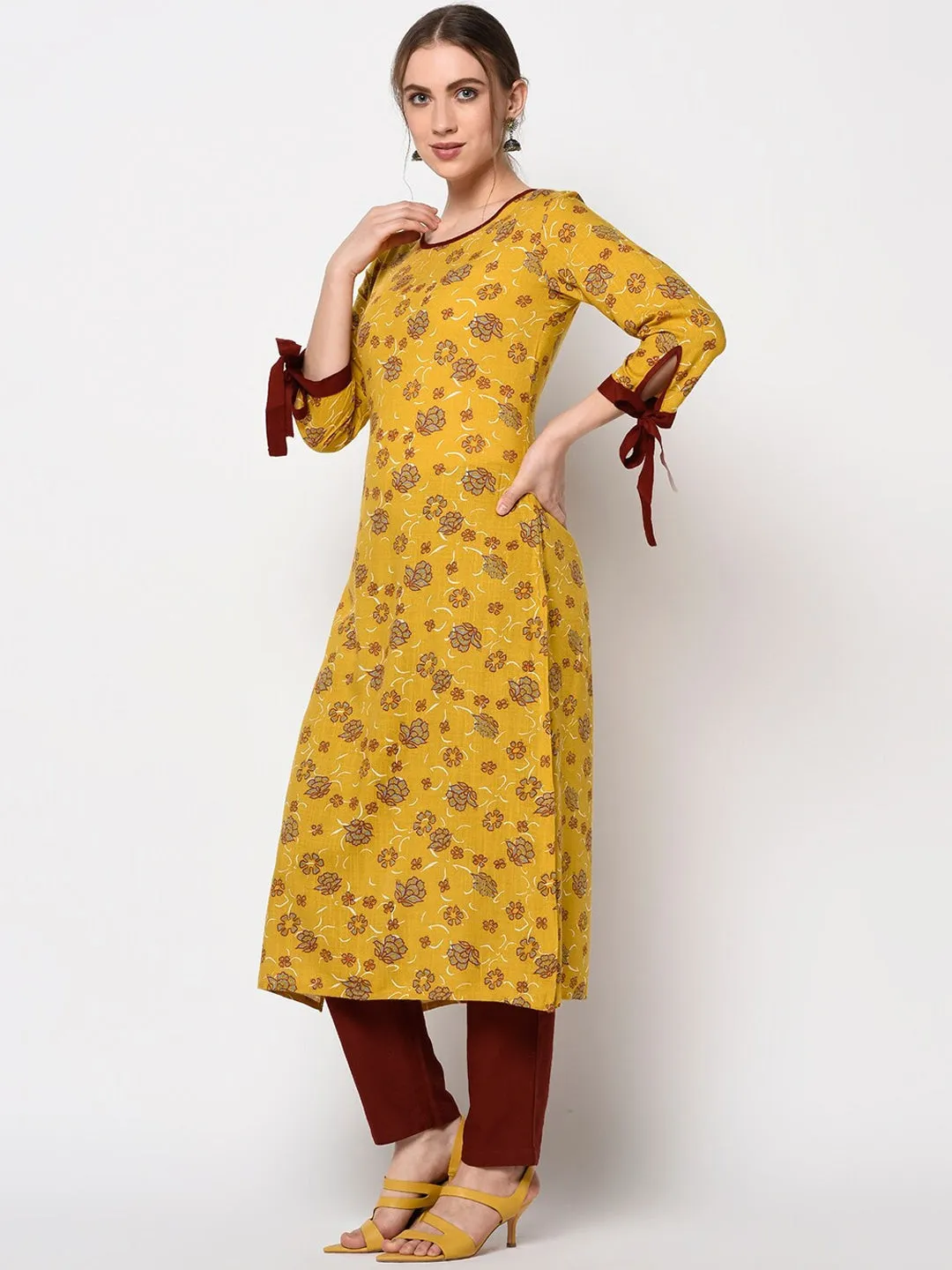 Women Mustard & Grey A-Line Kurta
