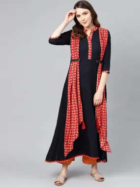 Women Navy Blue & Red Printed Kurta