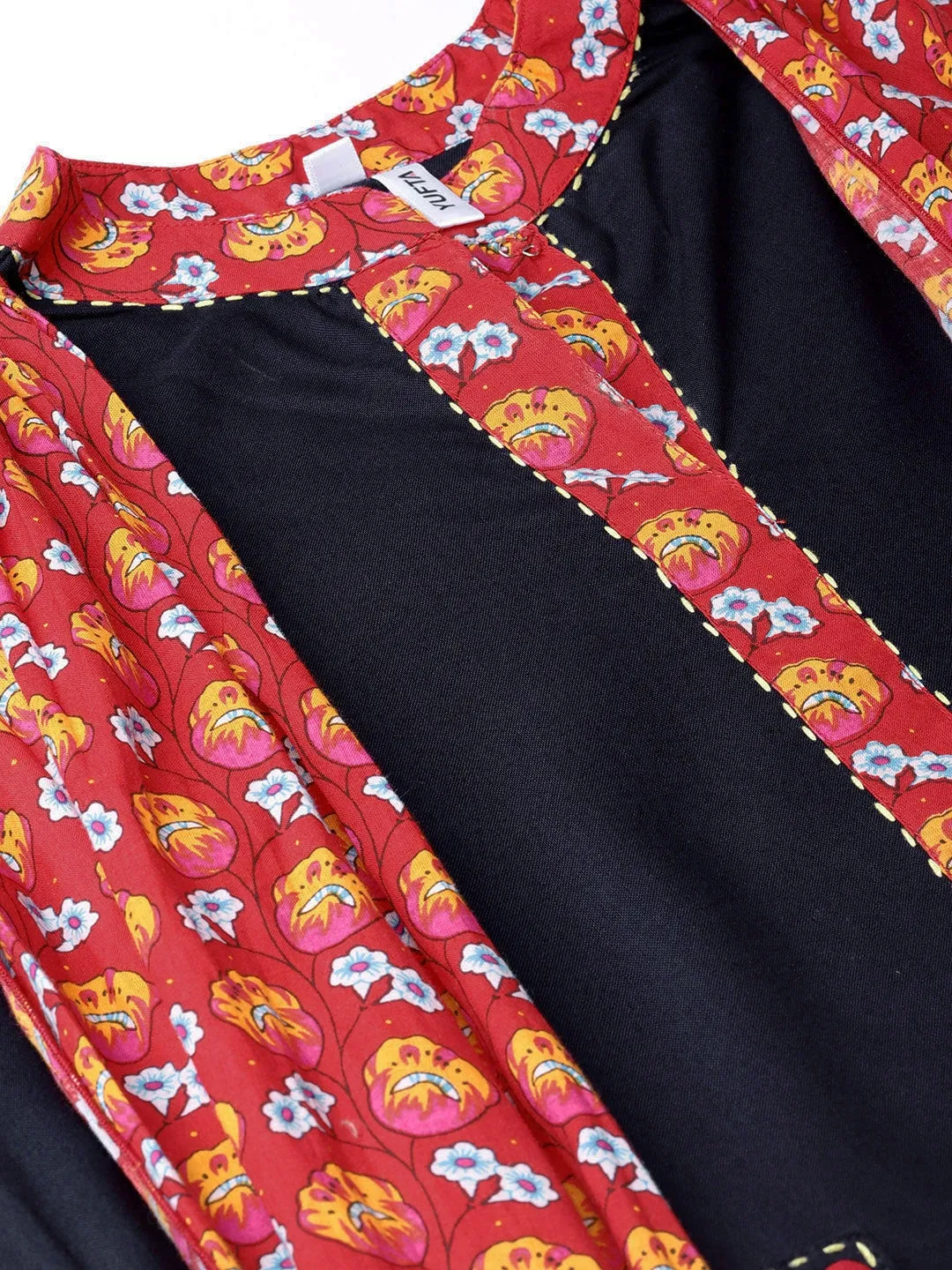 Women Navy Blue & Red Printed Kurta