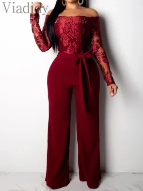 Women Off Shoulder Mesh Embroidery Long Sleeve Flare Jumpsuit With Belt