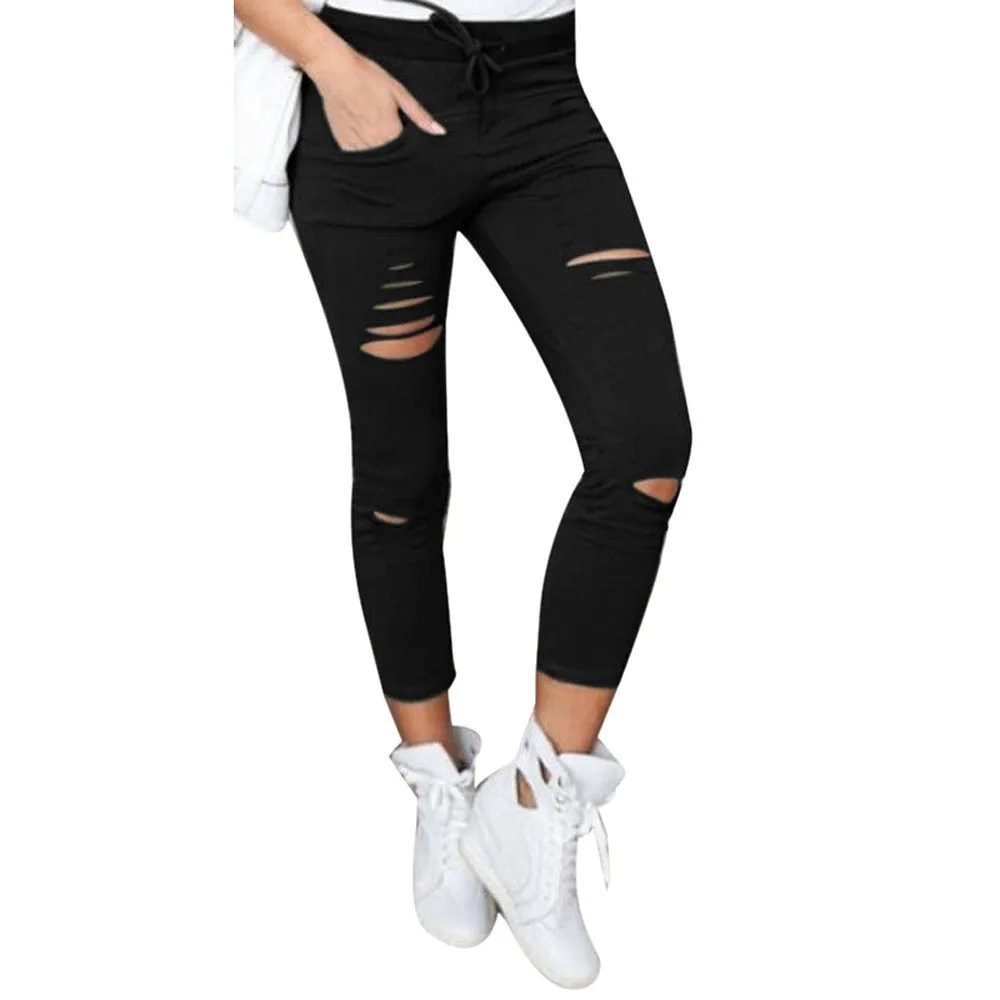 Women Skinny Ripped Pants High Waist Stretch Slim Pencil Trousers
