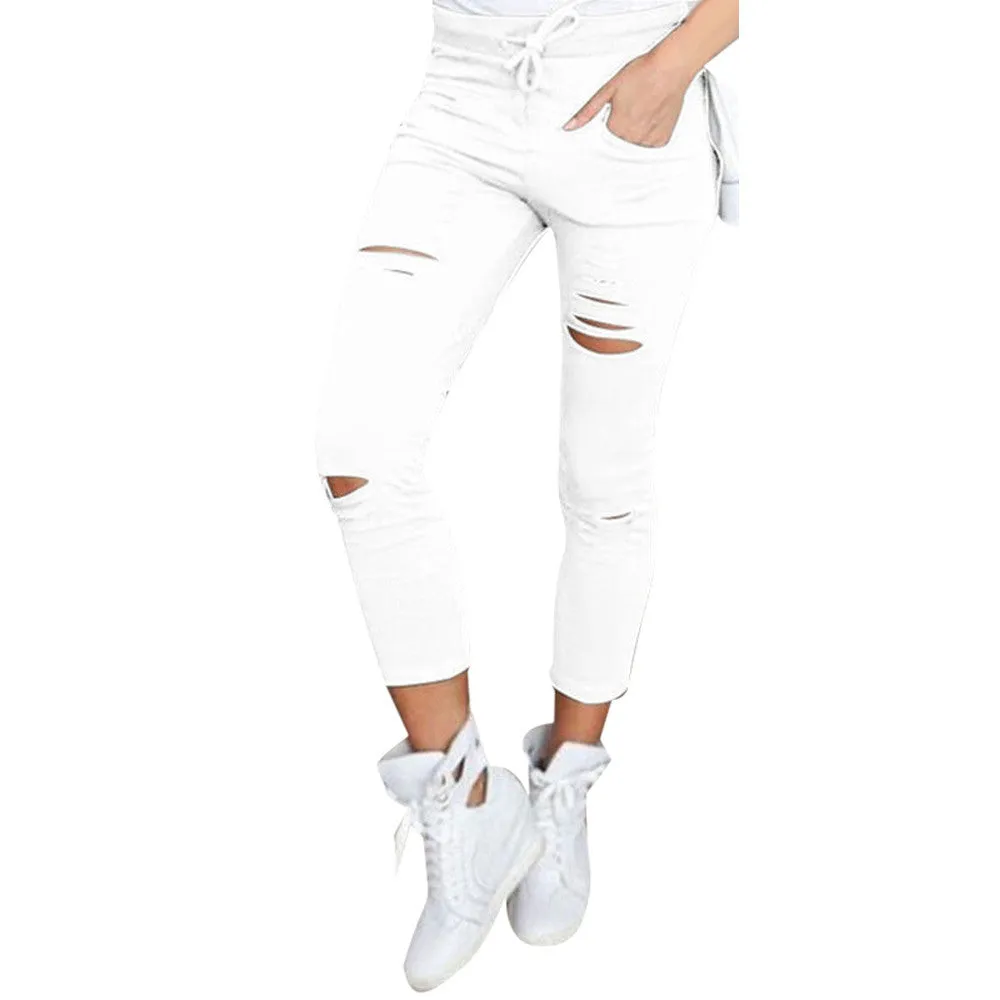 Women Skinny Ripped Pants High Waist Stretch Slim Pencil Trousers