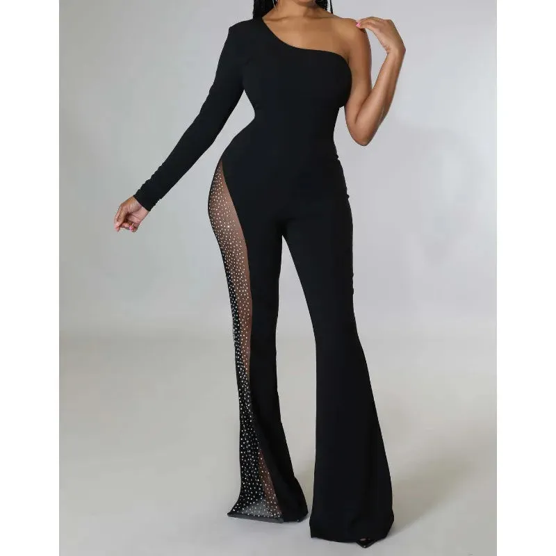 Women's One-Shoulder Mesh Patchwork Jumpsuit - Long Sleeve, High Waist, Sexy Off-Shoulder Flare Design
