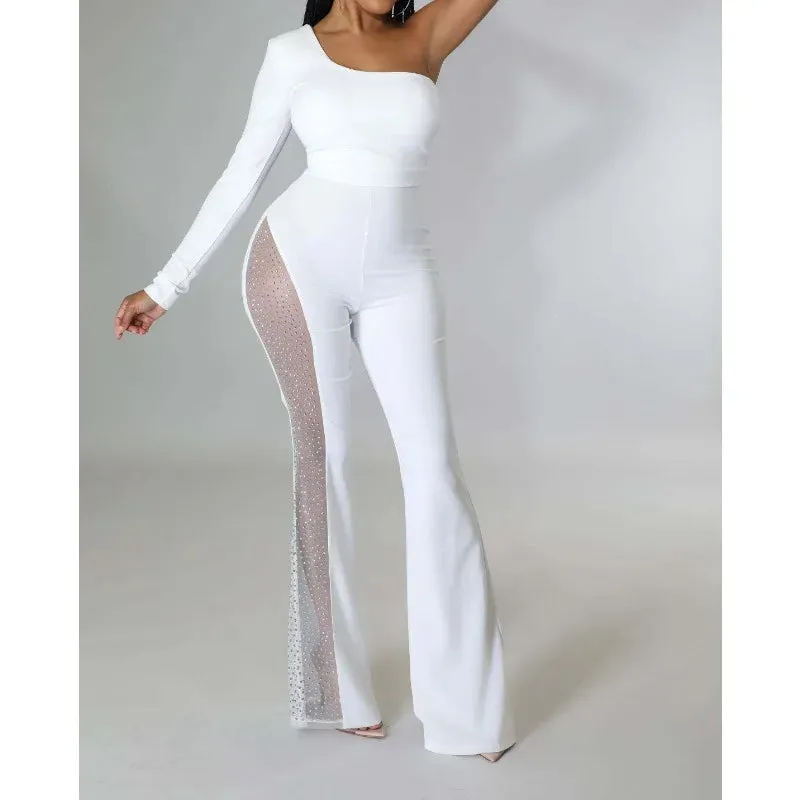 Women's One-Shoulder Mesh Patchwork Jumpsuit - Long Sleeve, High Waist, Sexy Off-Shoulder Flare Design
