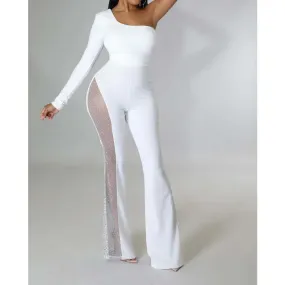 Women's One-Shoulder Mesh Patchwork Jumpsuit - Long Sleeve, High Waist, Sexy Off-Shoulder Flare Design