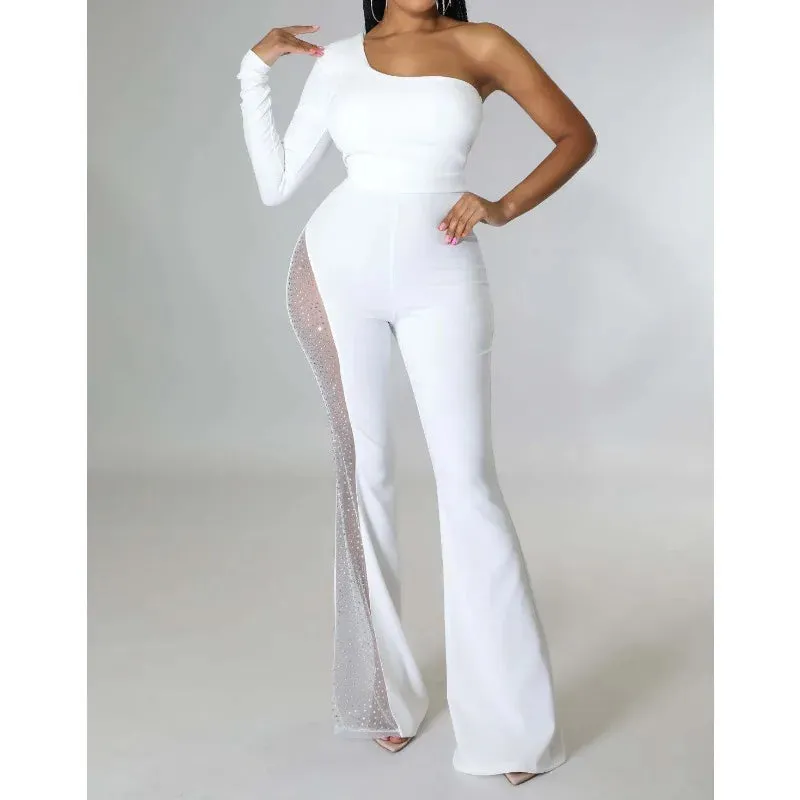 Women's One-Shoulder Mesh Patchwork Jumpsuit - Long Sleeve, High Waist, Sexy Off-Shoulder Flare Design