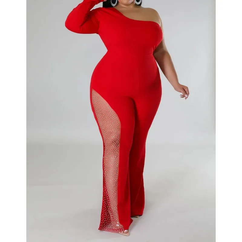 Women's One-Shoulder Mesh Patchwork Jumpsuit - Long Sleeve, High Waist, Sexy Off-Shoulder Flare Design