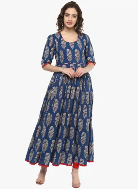 Women'S Royal Blue Printed Floor Length Anarkali Plus Size