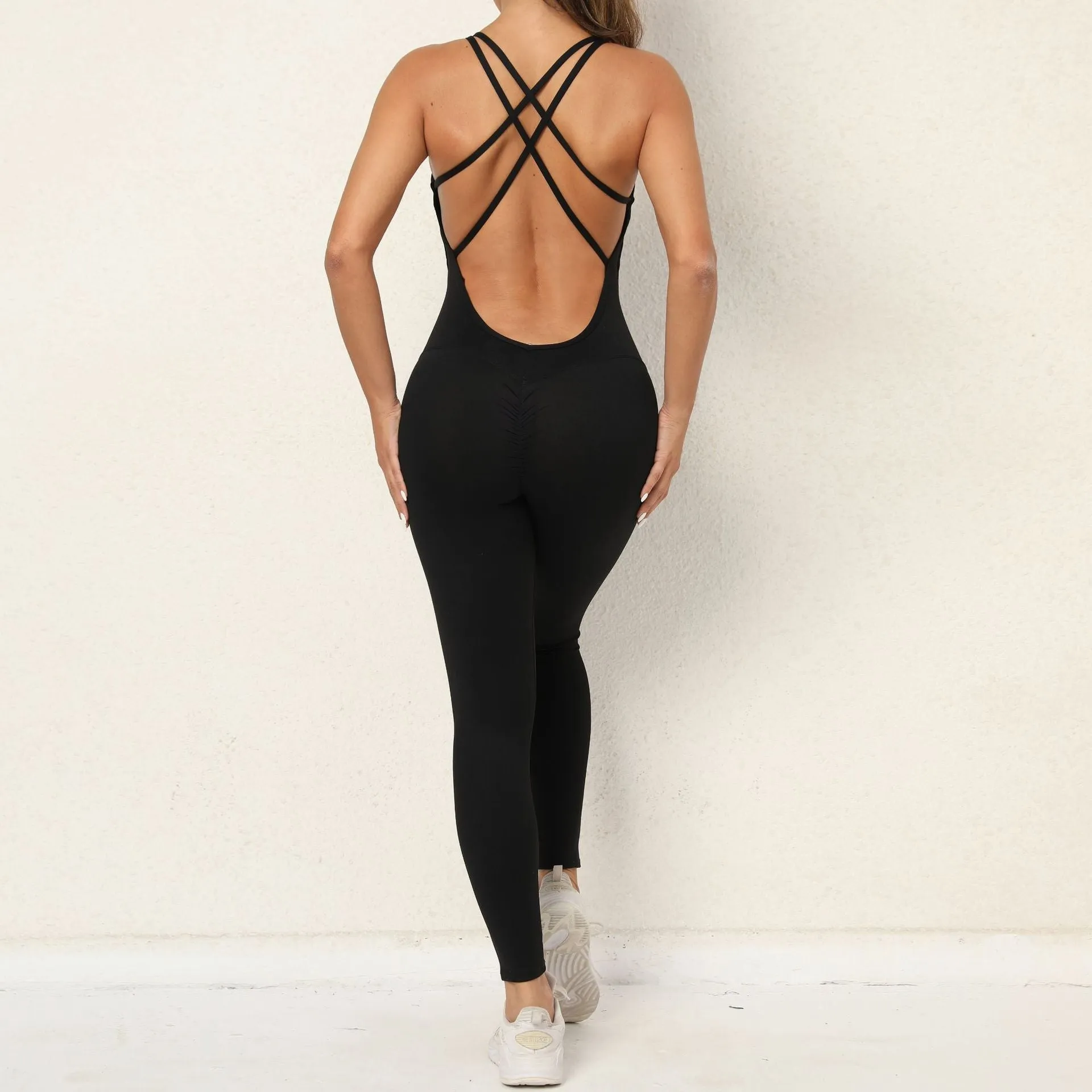 Yoga Jumpsuit With Cross-strap Back Design Quick-drying Tight-fitting Running Sports Fitness Pants Fashion Seamless Leggings For Womens Clothing